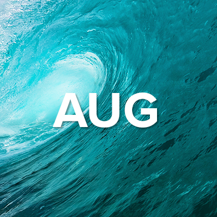 Crashing ocean wave with the word August superimposed