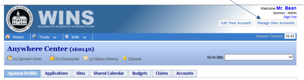 WINS Manage User Accounts Screenshot