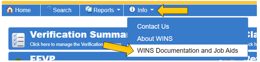 WINS Documentation and Job Aids Screenshot