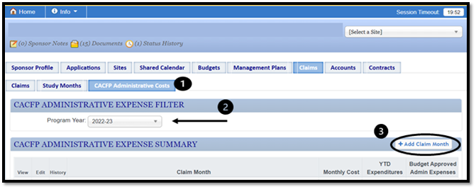 CACFP Administrative Expenses Screen - Add Claim Month