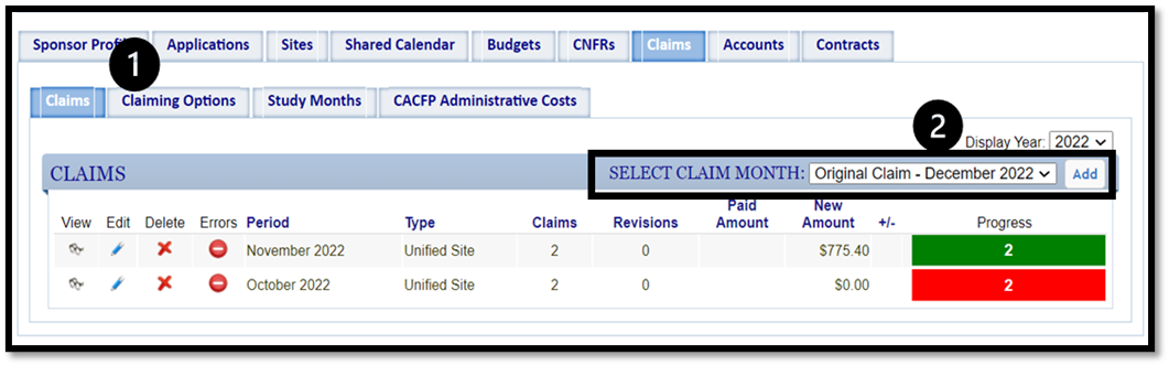 CACFP - Add Claim