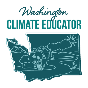 An outline of Washington state that says "Climate Educator" above it. 