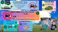 Multiple student drawings asking people to not idle their cars. 