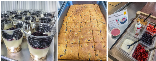 bluberry parfaits, bread, and a smoothie bar