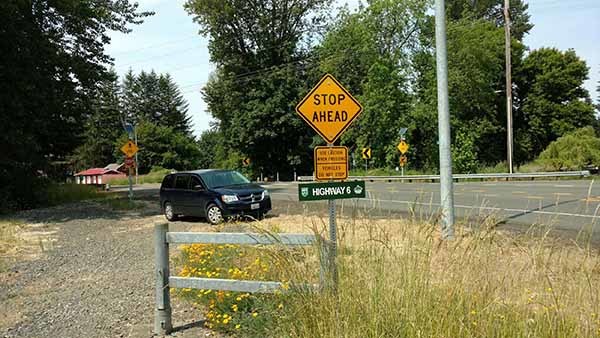 Photo of Willapa Hills Trail crossing at intersection of State Route 6 and Milepost 48