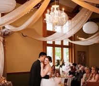 A newlywed couple dancing in a ballroom