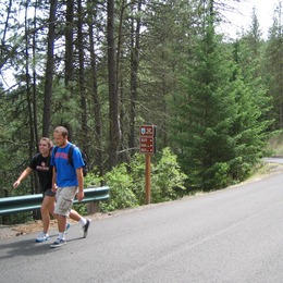 Two walkers stroll the Centennial Trail