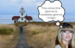 A hiker walks away from a lighthouse. In a corner, a cutout of Taylor Swift has a cartoon thought bubble with lyrics inside.