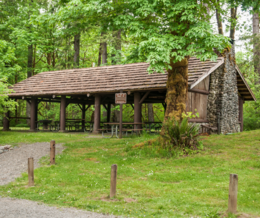 picnic shelter surrounded by greenery at a state park