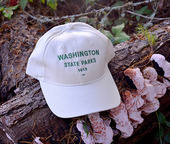 Parks tan baseball cap with green text that says Washington State Parks 1913 sitting on a log