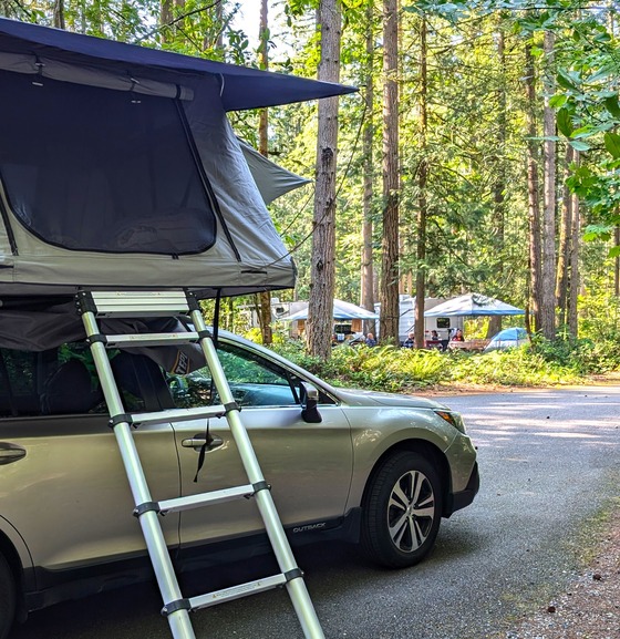 A car with a rooftop tent and ladder at Rasar State Park.