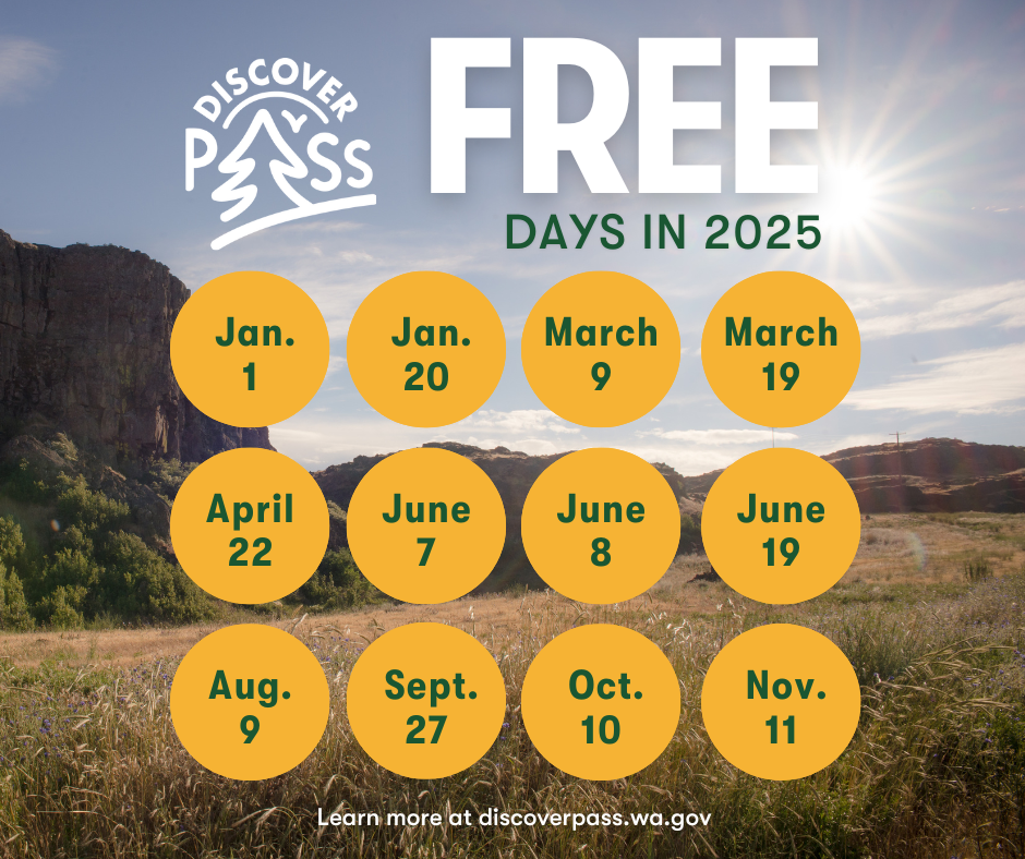 Steamboat Rock with text over that says "Free days in 2025" and Discover Pass logo and 12 yellow circles in a square shape with dates inside of them