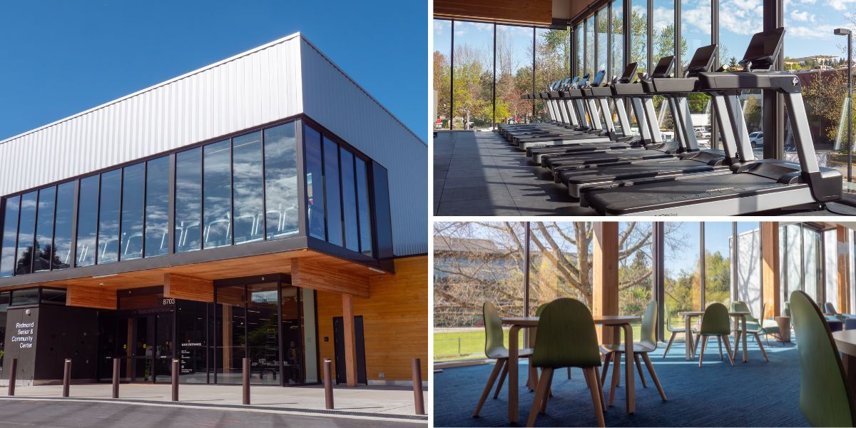 Collage of the new community center featuring large glass windows letting in warm light