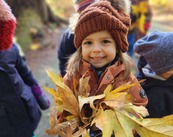 Young child holding large autumn leaves
