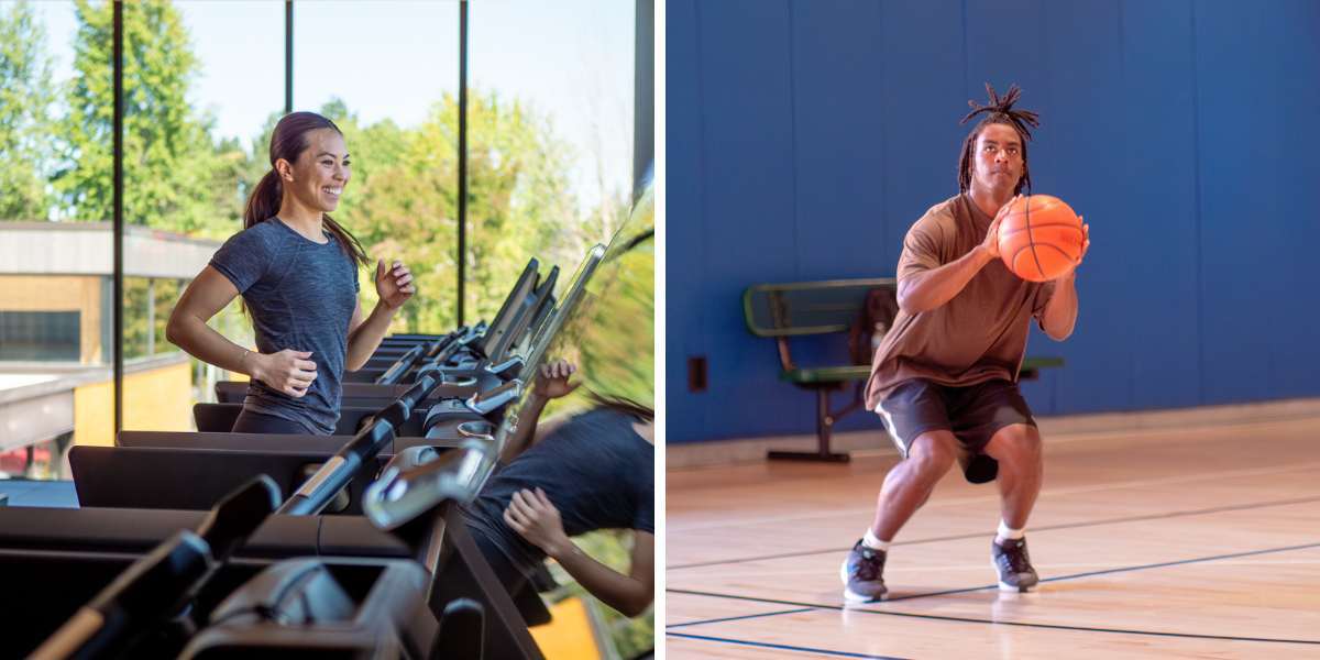 person running on a tread mill and person playing basketball