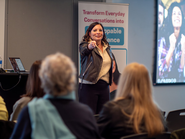 Jen Mueller presenting at Futbol for All: Talk Sporty to Me with Jen Mueller