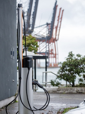 chargers with cranes in the background