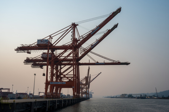 port cranes at sunset