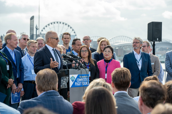 The NWSA CEO John Wolfe speaks at a press conference to launch the Partnership for a Competitive Puget Sound.