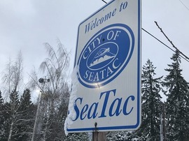 Snowy welcome to SeaTac sign