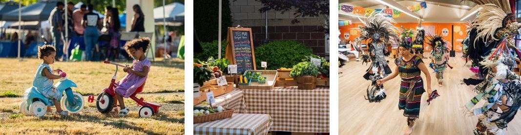 photo of farmers market, kids playing and a native american dance performance