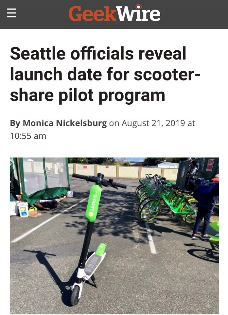 Screenshot of GeekWire Story on Scooter-Share Pilot Program