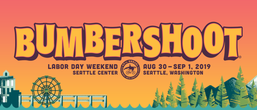 Screenshot of the Bumbershoot logo against a red-yellow gradient in the background