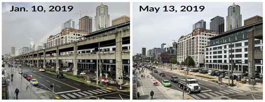 Before and after photo showing the progress of the Viaduct demolition between January 10 and May 13, 2019