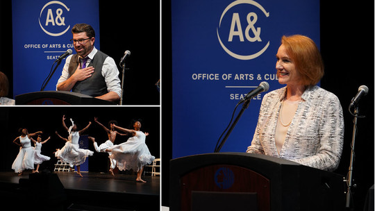 3-photo collage of the Mayor's Arts Awards showing Mayor Jenny and Arts & Culture Director Randy Engstrom speaking, and NW Tap Connection performing