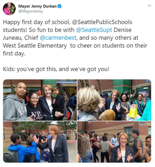 Screencap of Mayor Durkan's tweet welcoming West Seattle Elementary School Students back for the new school year