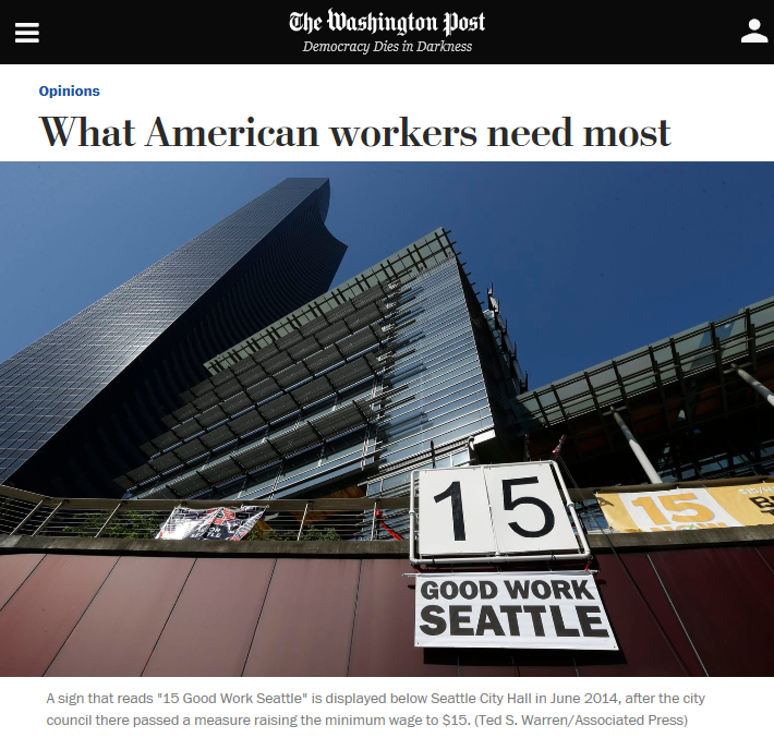 Clipping of headline from Washington Post reading, "What American workers need most"