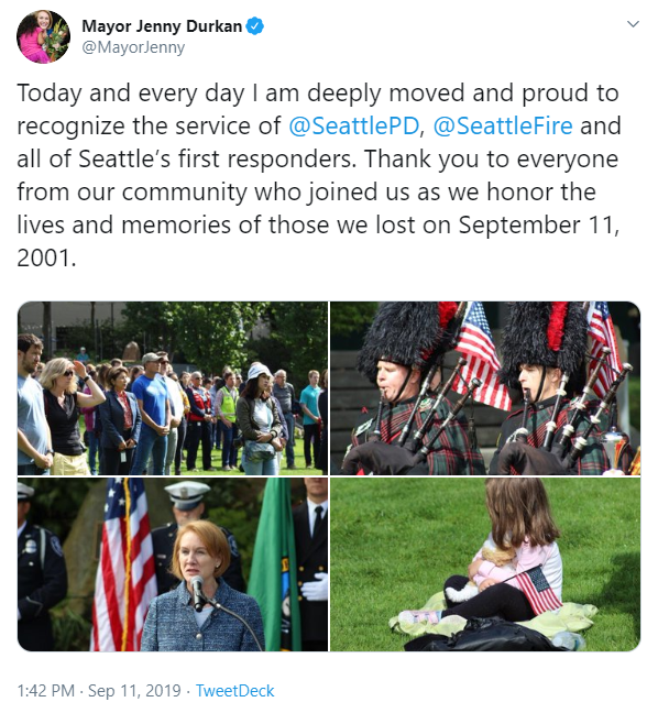 Screenshot of Mayor Durkan's twitter account with photos from the 9/11 memorial and text thanking Seattle's first responders