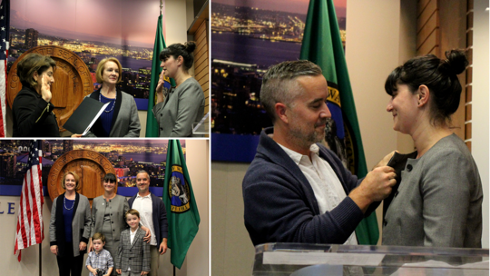 Picture collage showing: City Clerk Monica Martinez-Simmons and Mayor Durkan swearing in Emily Alvarado
