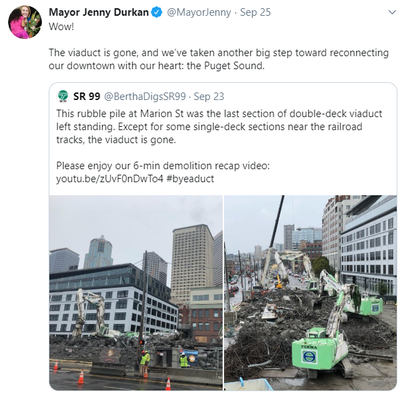 Screenshot of Mayor Durkan's tweet, linking to the WSDOT video featuring the demolition of the Viaduct.