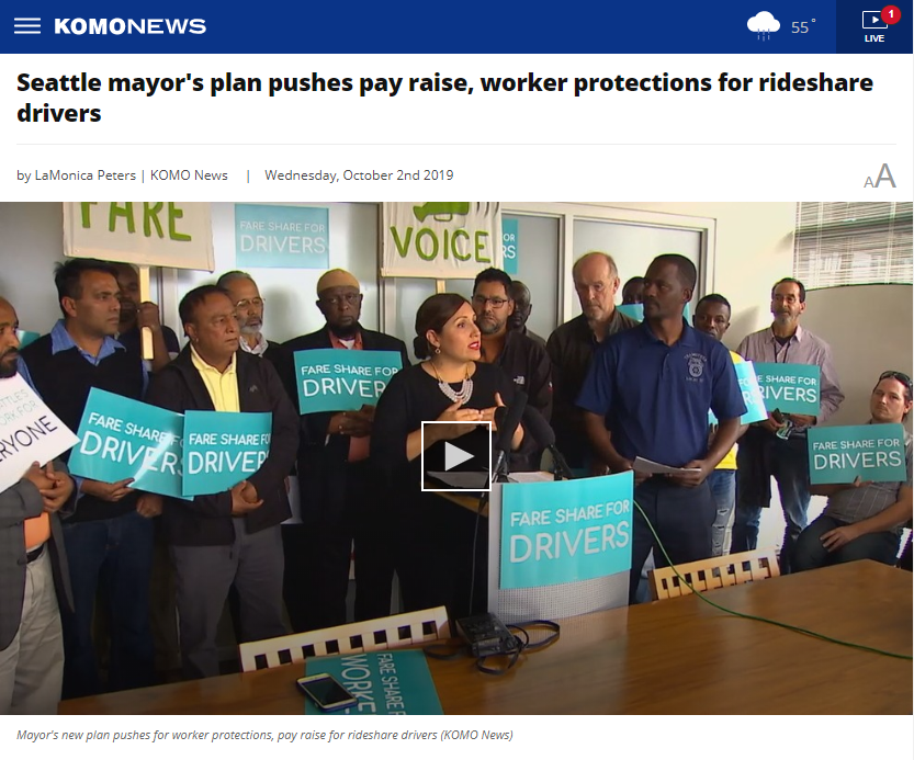 Screenshot of KOMO news.com mast head reading, "Seattle mayor's plan pushes pay raise, worker protections for rideshare drivers"