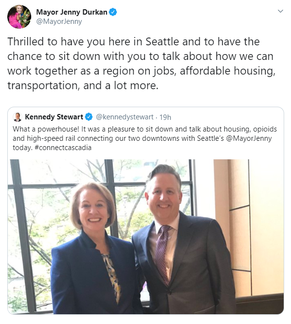 Tweet of photo featuring Mayor Durkan and Vancouver Mayor Kennedy Stewart