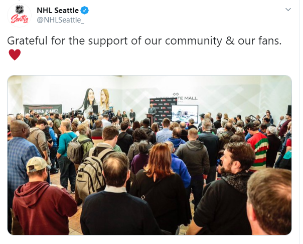 Screenshot of tweet from NHL Seattle twitter showing a large group of NHL community supporters at Northgate