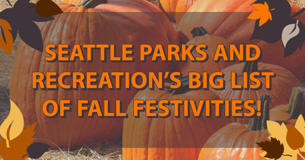 Image showing numerous pumpkins behind text that reads, "Seattle parks and recreation's big list of fall festivities!"