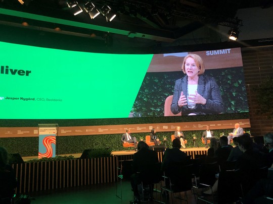 Photo of Mayor Durkan speaking on a large digital screen at the C40 Mayor's World Climate Summit