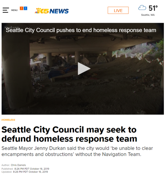 Clipping of the King 5 masthead for story titled, "Seattle City Council may seek to defund homeless response team"