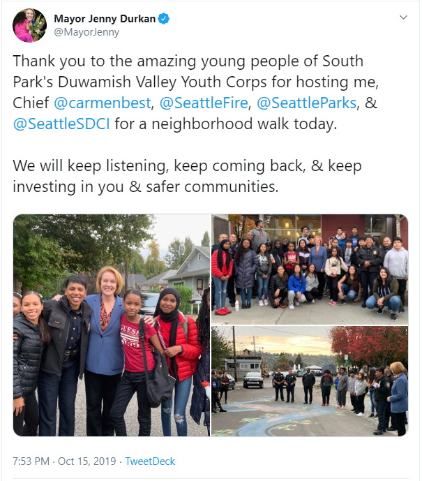 Screenshot of Mayor's Tweet featuring three images of her alongside Chief Carmen Best and Duwamish Valley Youth Corps members