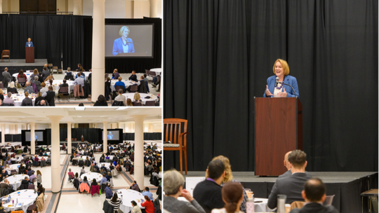 3-up collage of Mayor Durkan welcoming hundreds of Seattle IT professionals to the first day of the IT Learning Conference
