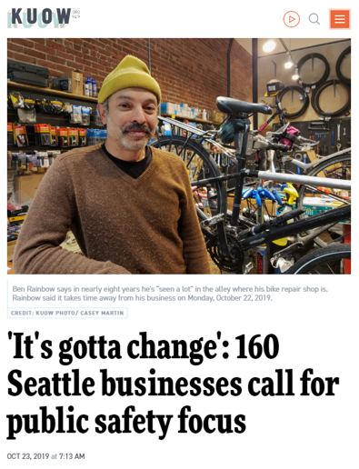 KUOW masthead of article titled "'It's gotta change': 160 Seattle businesses call for public safety focus"