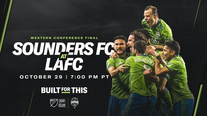 Image of Sounders celebrating their semifinal win and promoting their attendance at the Western Conference Final