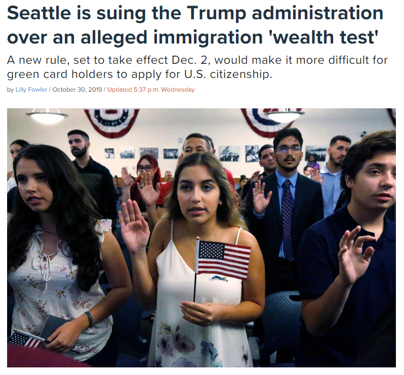 Screen capture of Crosscut article with headline, "Seattle is suing the Trump administration over an alleged immigration 'wealth test'"