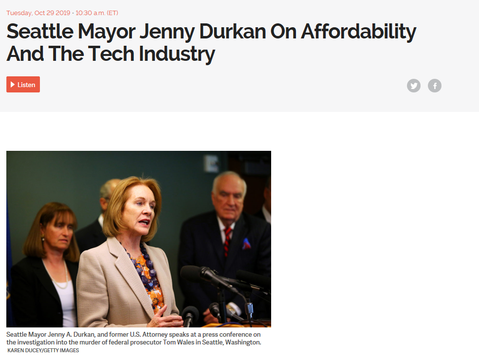 Screenshot of 1A: NPR podcast episode titled, "Seattle Mayor Jenny Durkan on Affordability And The Tech Industry"