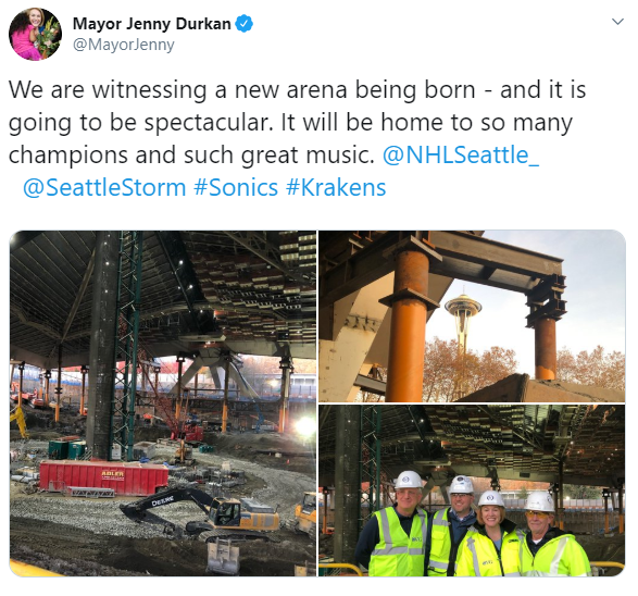 Tweet from @MayorJenny showing photos of her visiting the new arena at Seattle Center