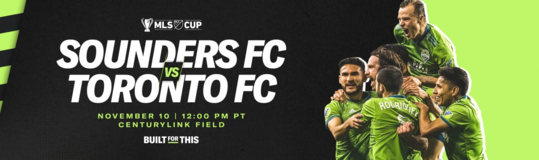 Header for the Sounders FC v. Toronto FC showing sounders players celebrating