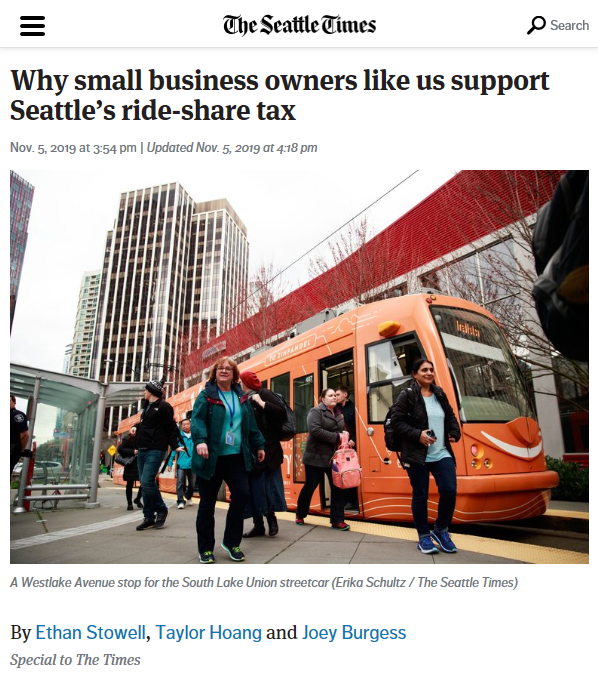 Seattle Times header for story titled, "Why small business owners like us support Seattle's ride-share tax"