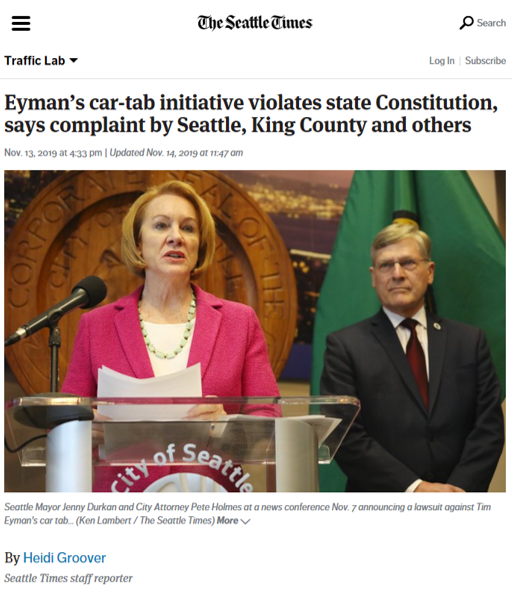 Screenshot of Seattle Times story featuring photo of Mayor Durkan and City Attorney Pete Holmes 